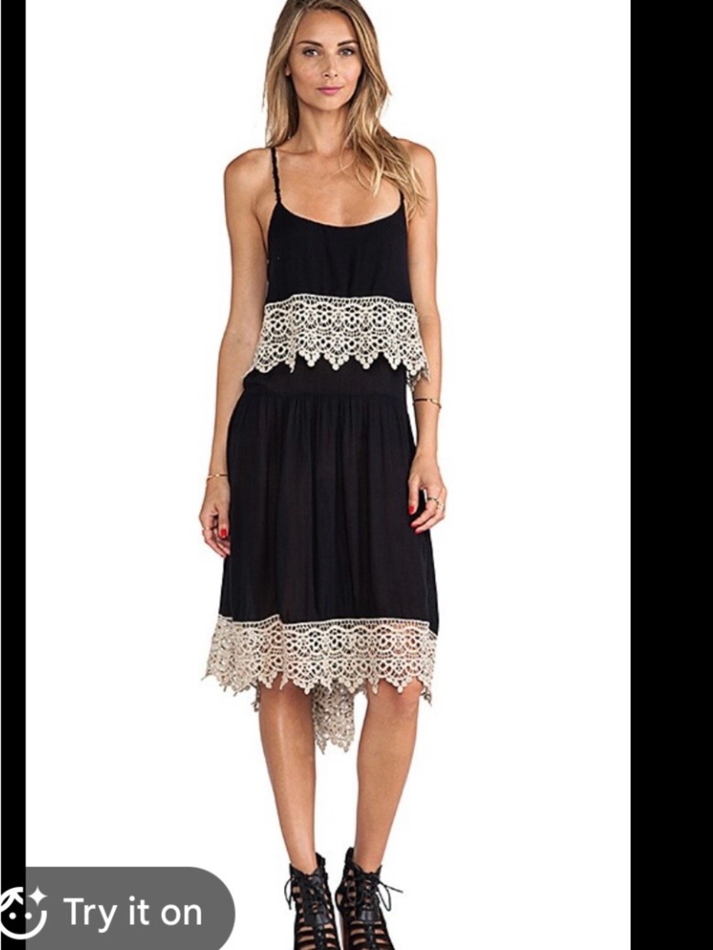 Free People Black Midi Dress with Cream Crochet Trim